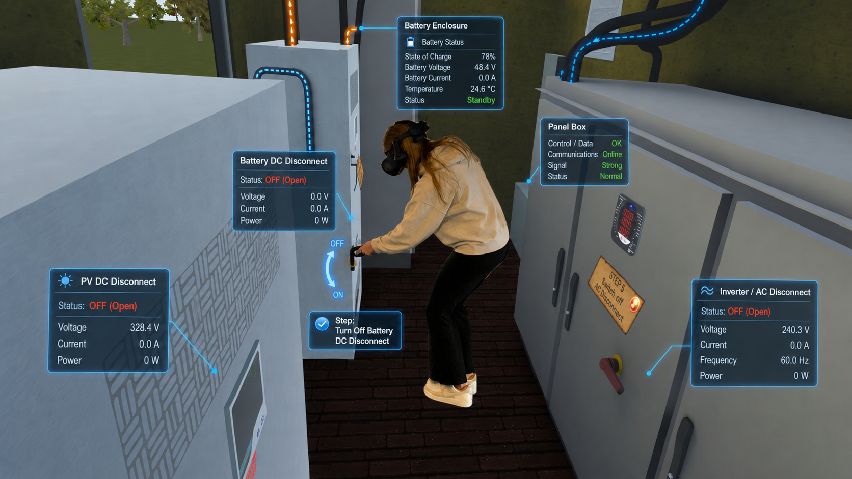 Mixed-reality battery training environment with spatial data overlays and procedural guidance.